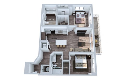Floor plan for 2 beds, 2 baths, 1050 sqft